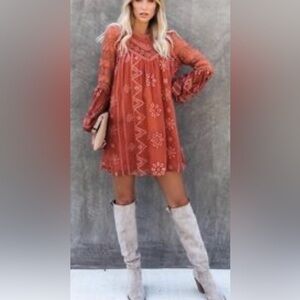 Strut & Bolt Laurel terracotta eyelet crocheted long sleeve mini dress NWT Sz. M